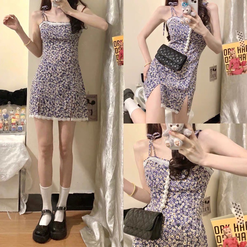 SẴN🎀Đầm ulzzang hai dây hoa cúc nhí phối ren xẻ đùi sexy mặc nhiều kiểu| Đầm tím hoa cúc bánh bèo sexy đuôi cá hot