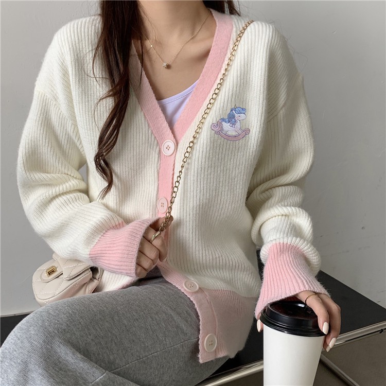 Áo khoác cardigan dệt kim màu sắc tương phản đáng yêu cho nữ | BigBuy360 - bigbuy360.vn