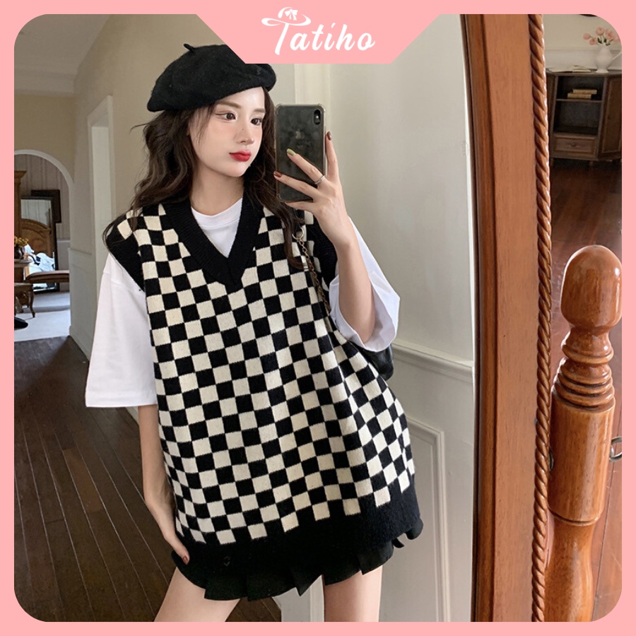 Áo Gile Len Trơn ( Áo Không Tay) Thời Trang Vintage Họa Tiết Caro Hottrend Thời Trang Thu Đông - Tatiho - Mã AK015