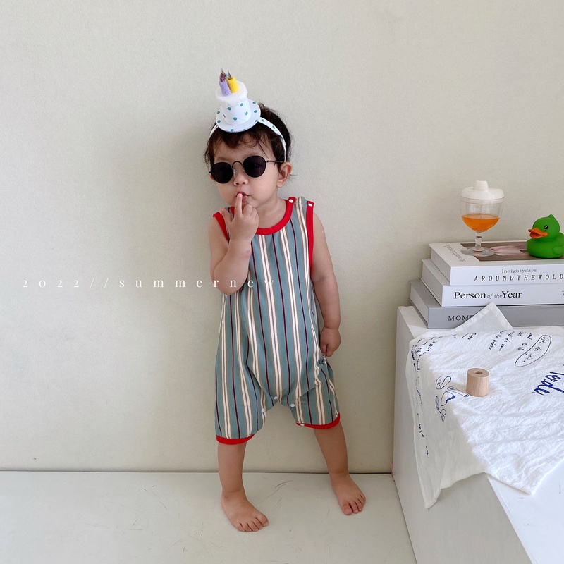 Jumpsuit Bodysuit Romper Liền Mảnh Không Tay Sọc Mùa Hè Cho Các Bé Trai Nhỏ Sơ Sinh