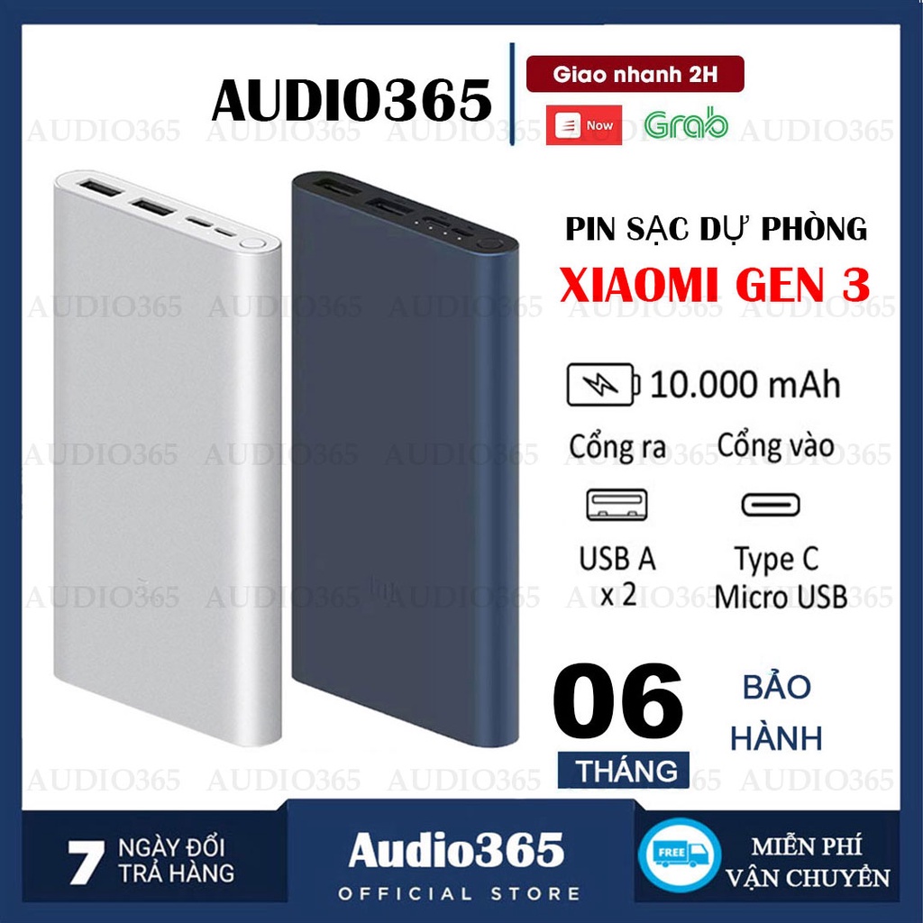 Pin sạc dự phòng Xiaomi Gen 3 dung lượng 10.000 mAh- 2 cổng USB , Hỗ trợ cổng sạc type-C