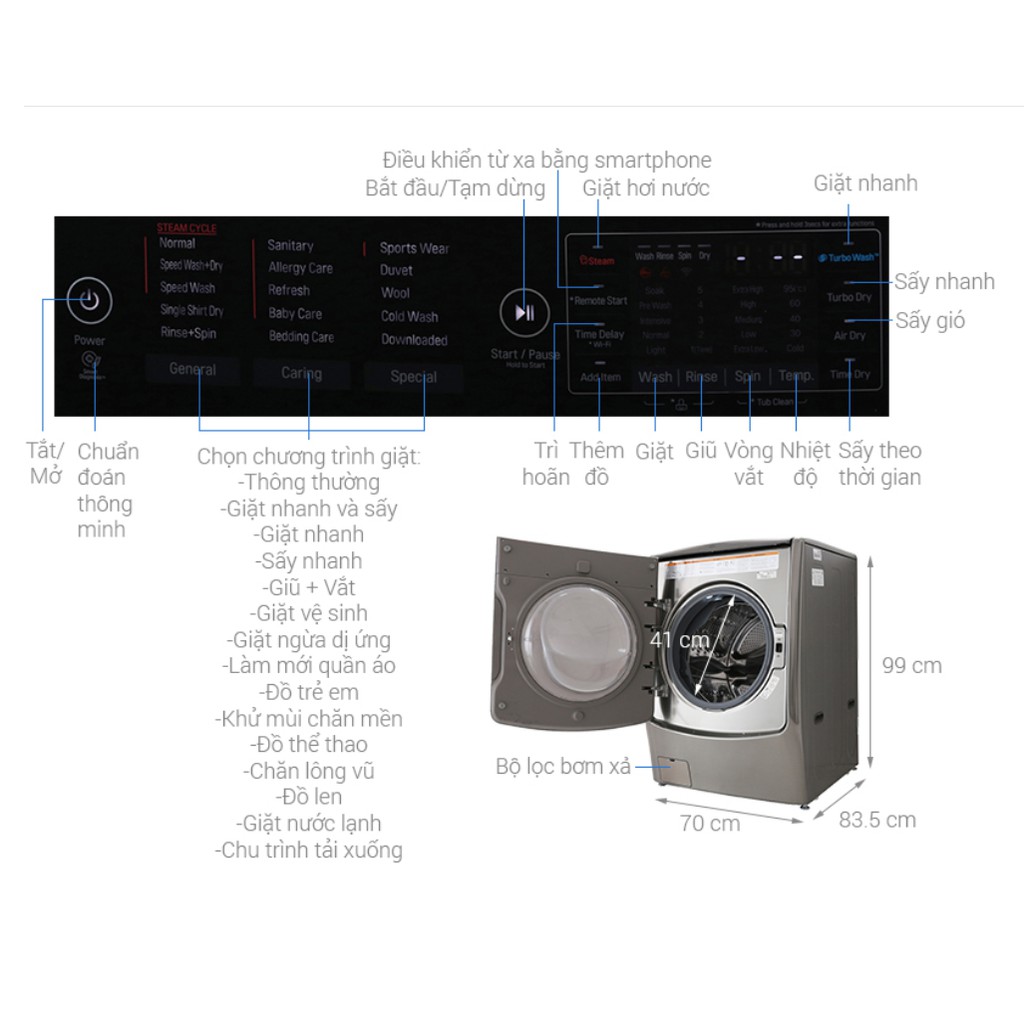 Máy giặt sấy LG Inverter 21 kg F2721HTTV - Hàng Chính hãng