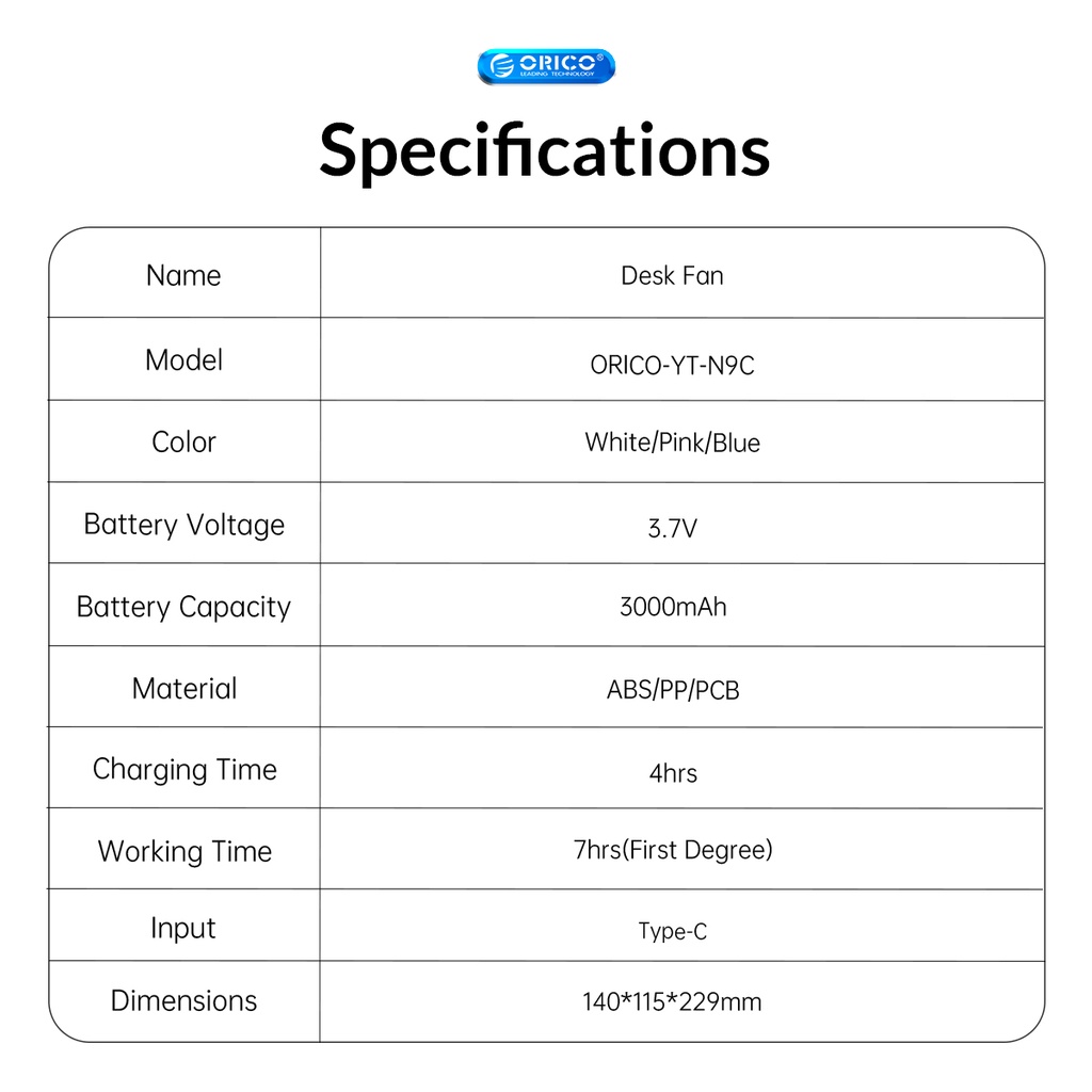 Quạt ORICO YT-N9C usb mini để bàn 3 tốc độ tùy chỉnh không ồn tiện dụng kèm phụ kiện