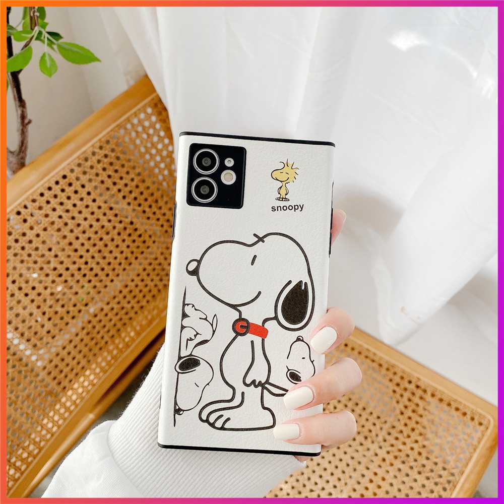 Ốp Điện Thoại Da Vuông Họa Tiết Hoạt Hình Snoopy Dễ Thương Cho Iphone12Mini 11pro Max I7 I8Plus Se2 Xs