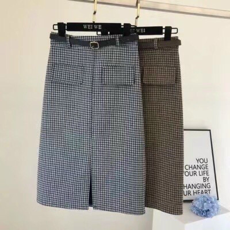 Chân váy dạ kẻ dáng dài kèm đai