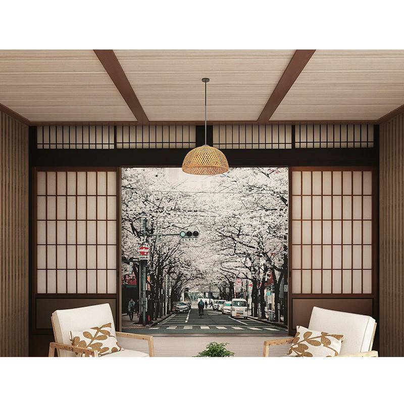 Giấy Dán Tường Họa Tiết Hoa Anh Đào 3D Phong Cách Retro Nhật Bản