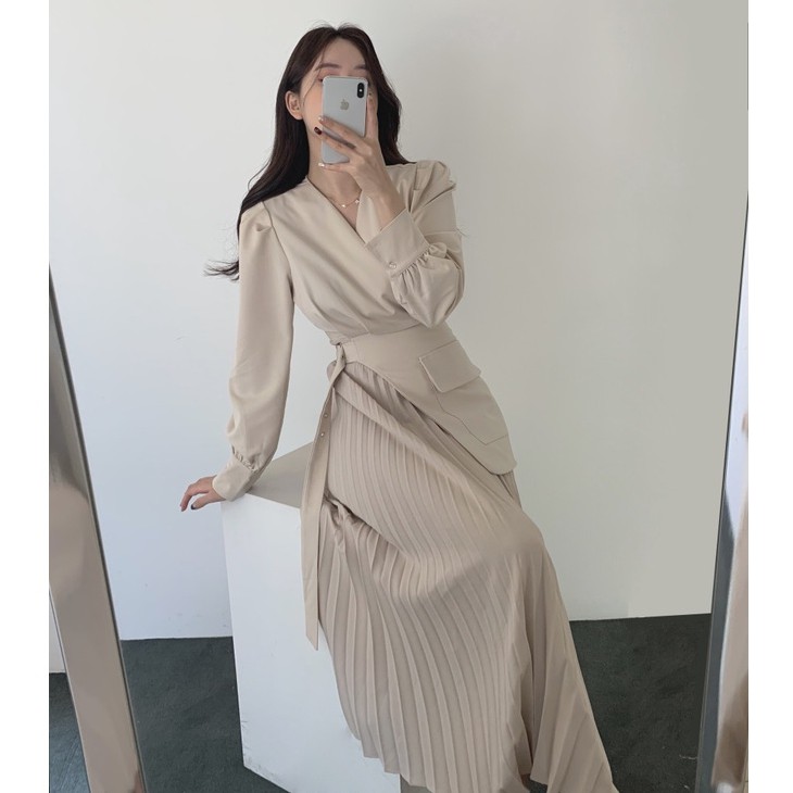 Đầm Tay Dài Cổ Chữ V Thiết Kế Đơn Giản Phong Cách Hàn Quốc Mới 41424 | BigBuy360 - bigbuy360.vn