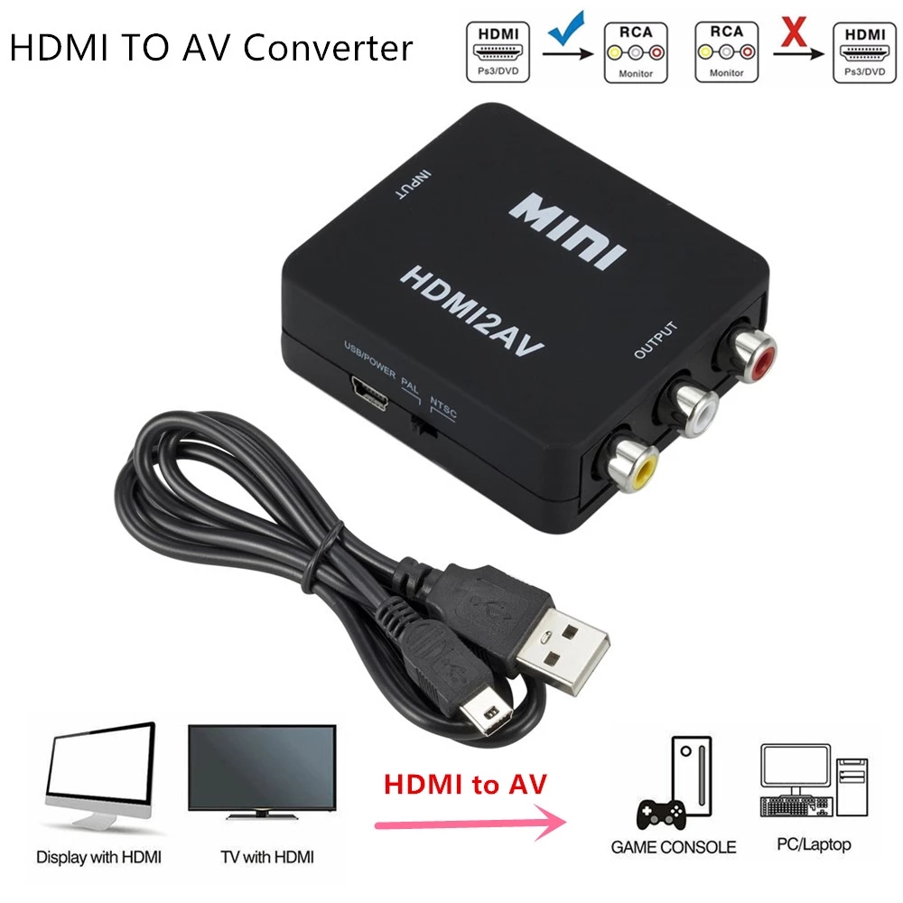 Mini HDMI to AV HDMI 2AV HD Video Converter / Multi-resolution Support Up to 1080P / NTSC PAL Dual Standard Free Switching