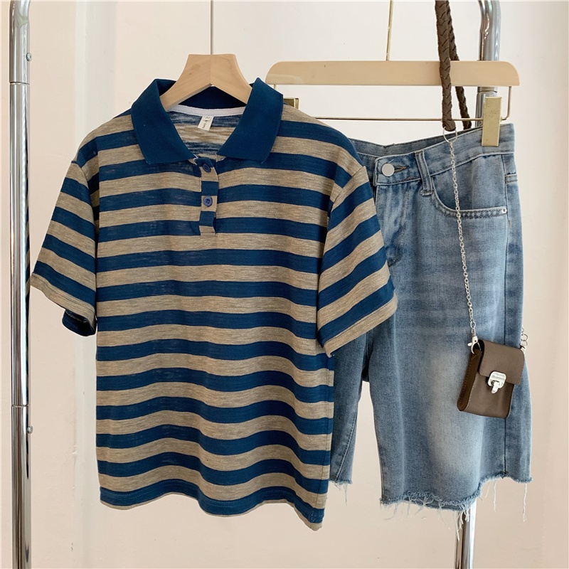 SUXI Áo polo Cotton Ngắn Tay Họa Tiết Sọc Ngang Thời Trang Dành Cho Nữ