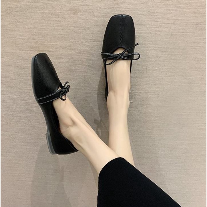 Giày bệt búp bê da mềm mũi vuông đế dẻo phối quai nơ giá rẻ xinh xắn cho nữ - GB42