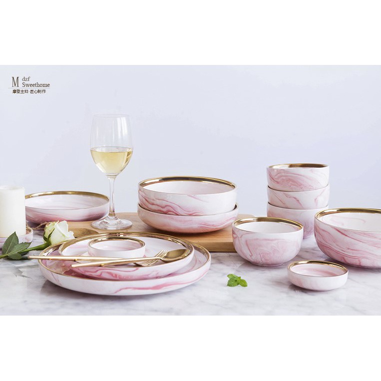 Bộ chén bát cẩm thạch vân hồng cao cấp