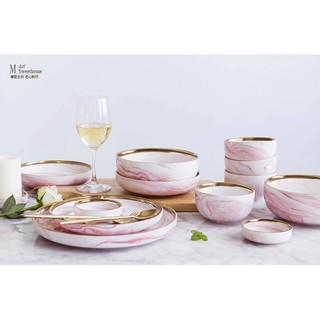Bộ chén bát cẩm thạch vân hồng cao cấp