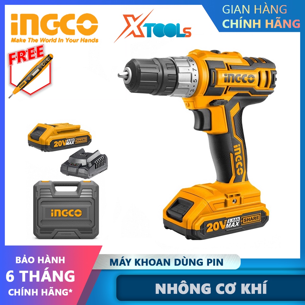 Máy khoan pin cầm tay 20V 10mm Ingco CDLI200215 hai tốc độ 400-1500rpm, lực mô men 45nm nhông cơ khí 2 tốc độ, kèm 2 pi