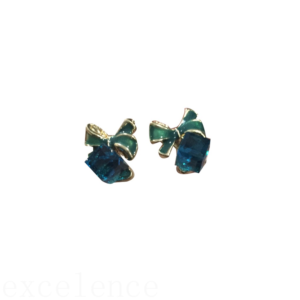 Fashion Bowknot Charming Women Jewelry Square Crystal Stud Earring Pair Blue ELEN