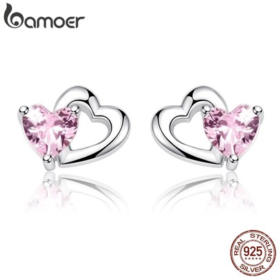 Bamoer Bông Tai bạc 925 Hình Trái Tim Đôi