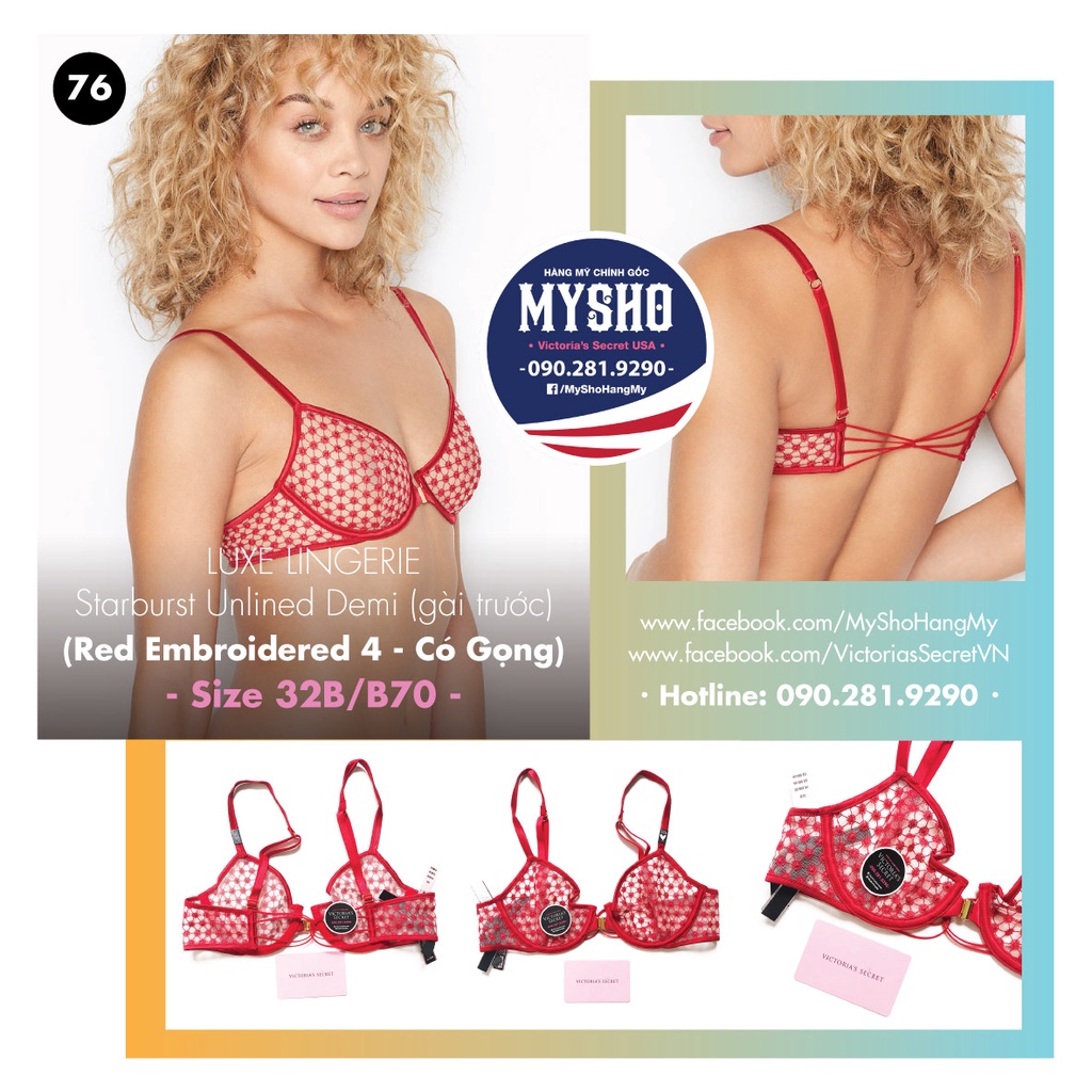[32B/B70-76] Áo lót Luxe Lingerie Unlined Mesh Balcanette (Red Embroidered - Không mút)