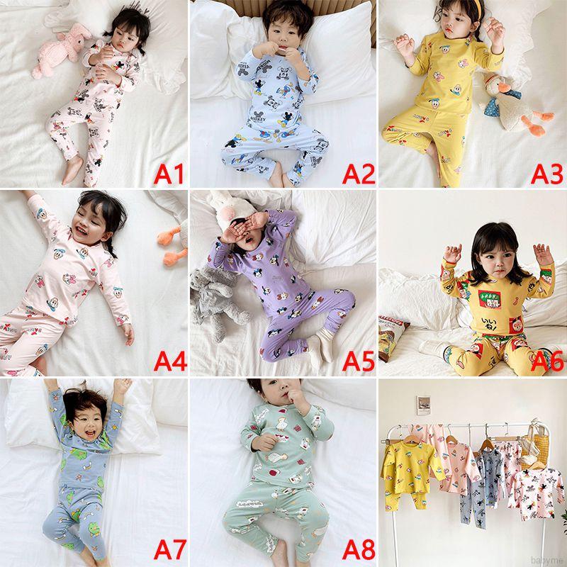 Bộ Pijama Cotton Dài Tay + Quần Dài In Họa Tiết Hoạt Hình Cho Bé