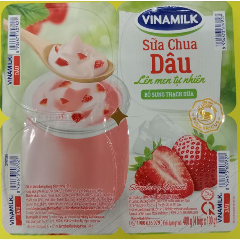 Sữa Chua Vinamilk Nha Đam,Dâu,Trái cây,Lựu Đỏ 100g lốc 4 hộp