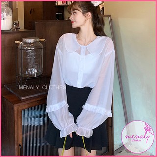 Set áo sơ mi voan mỏng trắng nữ tiểu thư tay bồng dài kết hợp áo bra trơn AH025, mẫu áo tiểu thư cổ sen dáng hàn quốc