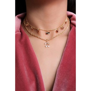 Vòng Cổ Hai Lớp Mặt Hình Bươm Bướm Và Trái Cherry Đính Đá Pha Lê