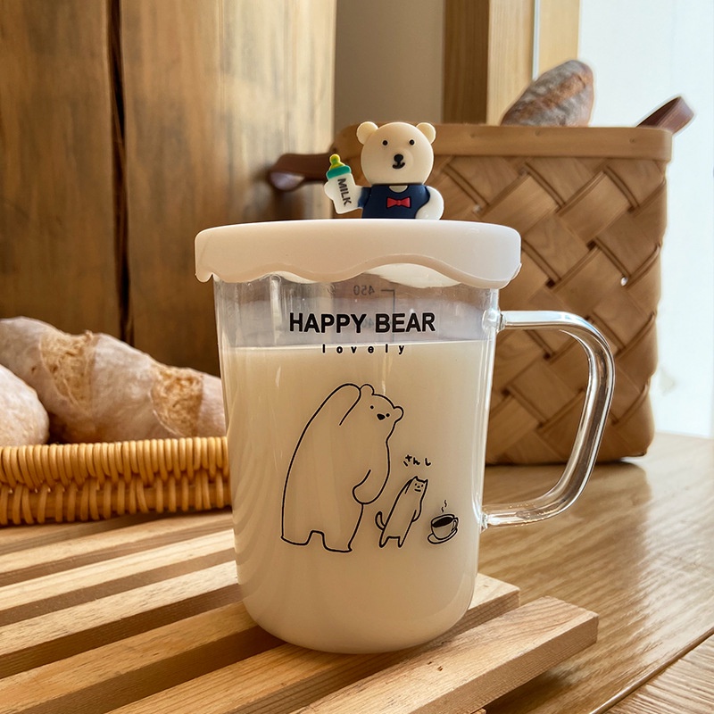 Cốc thủy tinh in hình gấu HAPPY BEAR cao cấp - Có nắp đậy nổi