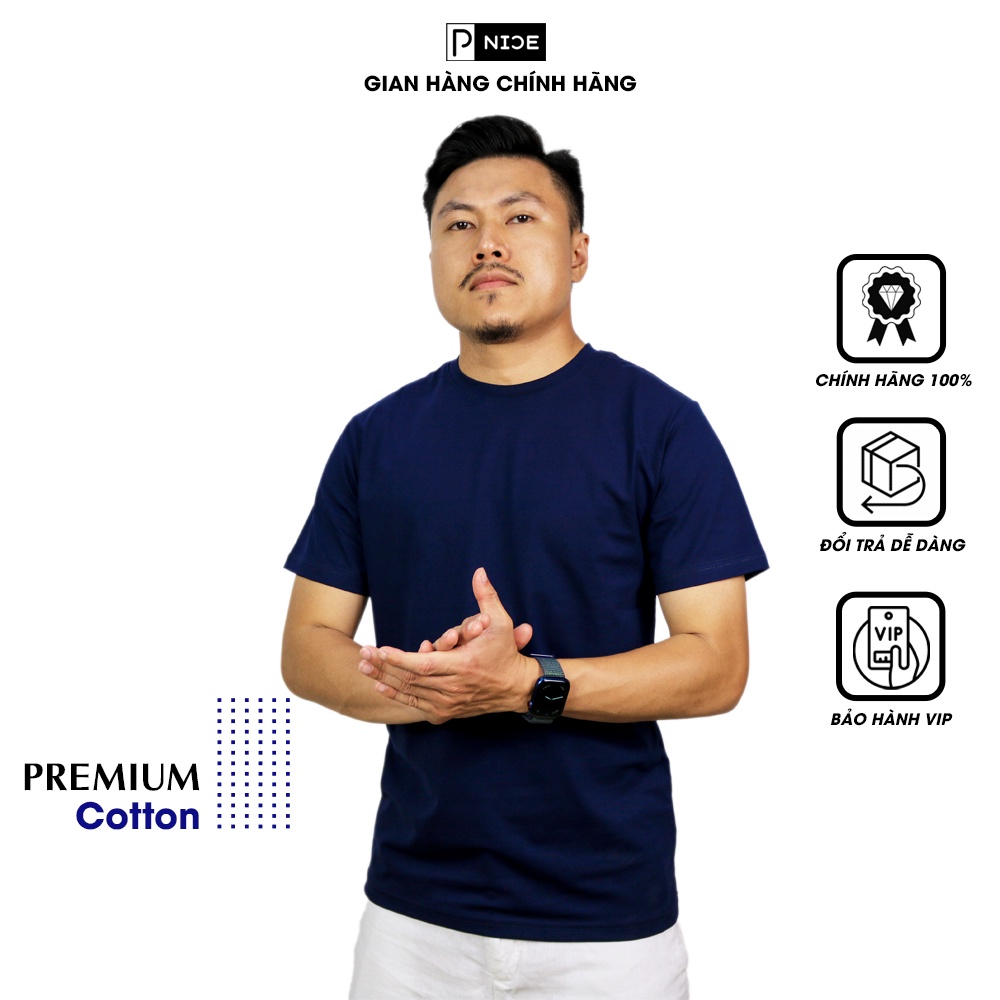 Áo thun nam trơn cổ tròn tay lỡ Pnice phông màu xanh đen BASIC chất vải Cotton thoáng mát, co giản form regular fit