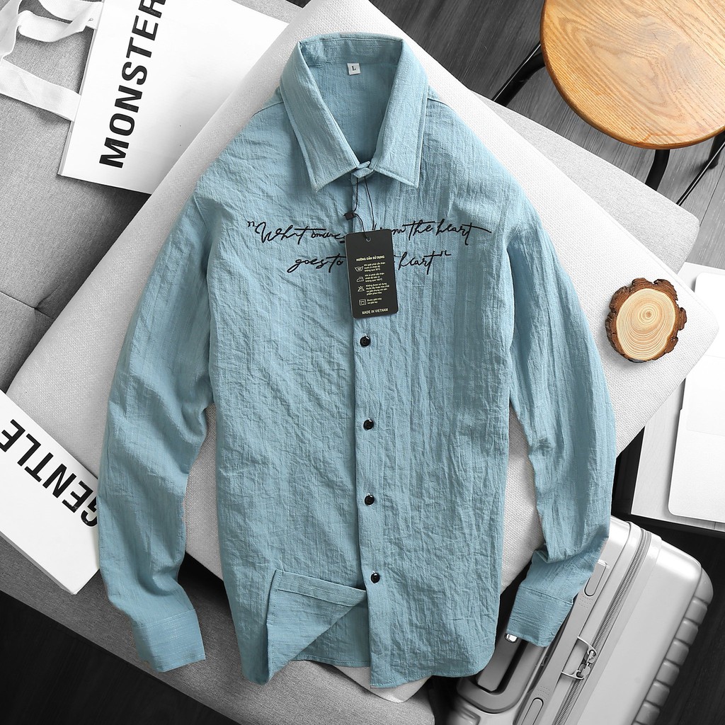 Áo sơ mi nam vải đũi đẹp ,vải đũi mềm chữ thêu | BigBuy360 - bigbuy360.vn