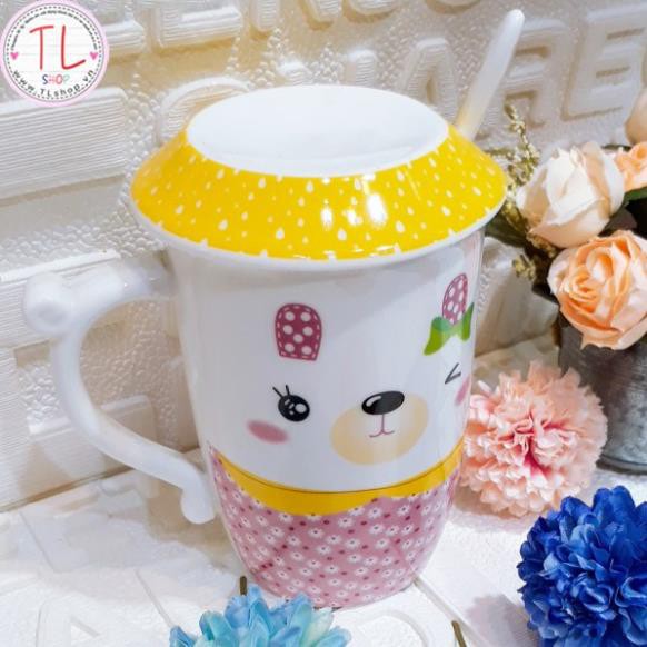 Ly sứ hình bé mèo xinh xắn có nắp đậy và muỗng - Ly uống cà phê - Cốc uống cà phê - Ly uống nước
