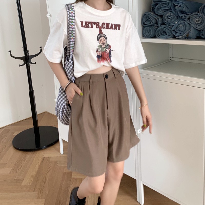 Xiaozhainv Quần sọt ống rộng lưng cao thời trang Hàn Quốc 2 màu sắc tùy chọn cho nữ