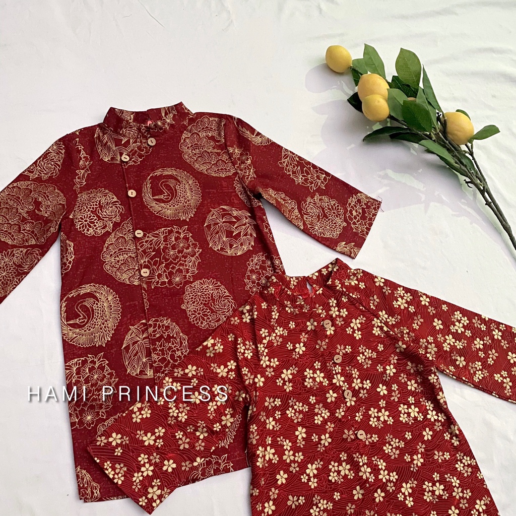 Set Áo Dài Cặp Linen Họa Tiết Cho Bé Trai Bé Gái HAMI PRINCESS (Kèm Quần Lụa Và Mấn Đội Đầu)