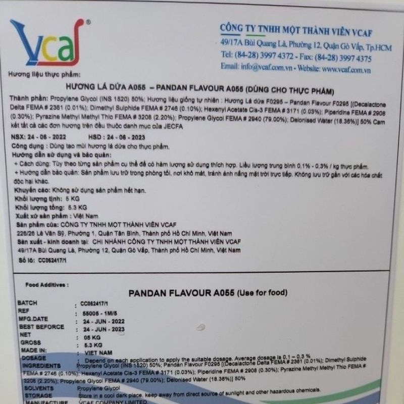 Hương lá dứa A055 (Loại nước màu trắng) Cal 5kg