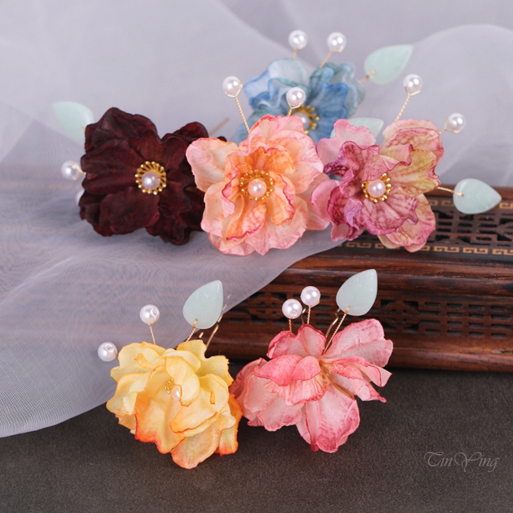 GETNOIVAS Kẹp Tóc Chữ U Bằng Lụa Hình Hoa Đính Ngọc Trai Màu Sắc Thời Trang Trung Hoa