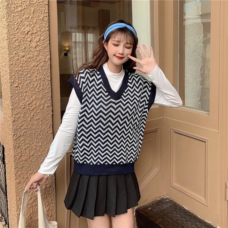 Áo Len Gile Nữ Thời Trang, Áo Gile Len Sóng FreeSize Màu Xanh Tím Than Ulzzang Hàng Quảng Châu