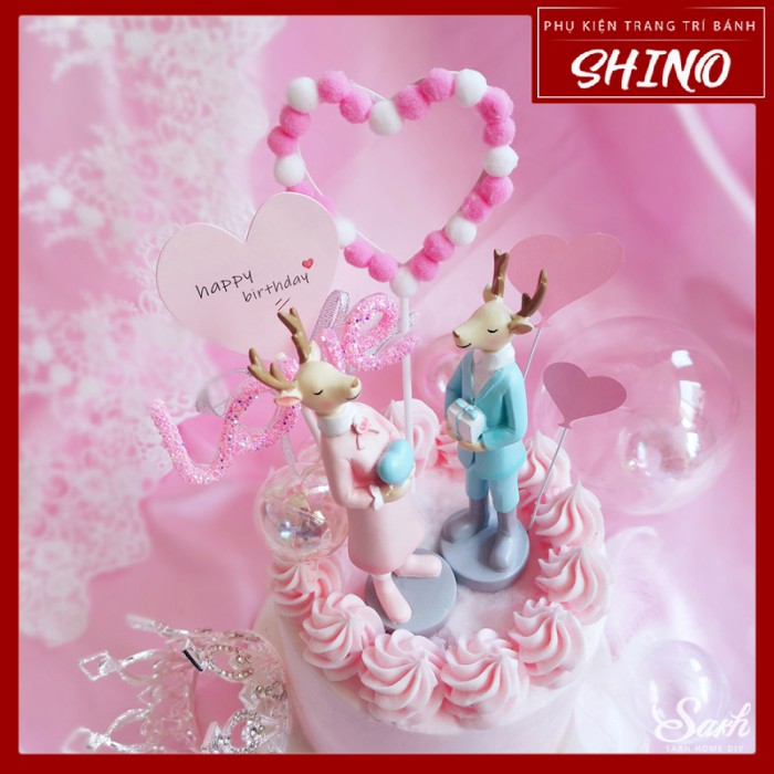 Topper/que cắm tim bông trang trí bánh