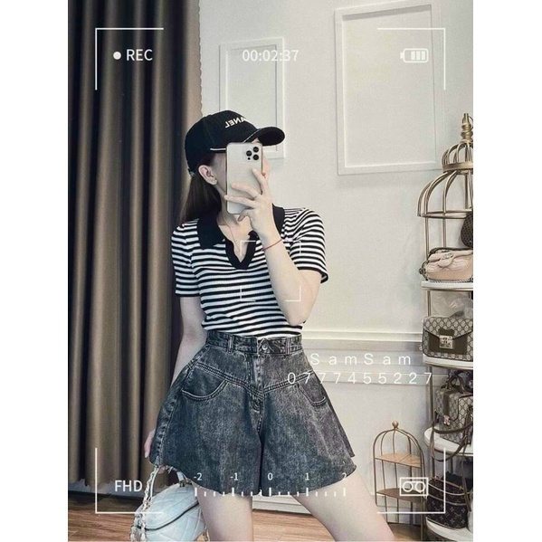 áo len sọc cổ v ngắn tay hàng quảng châu