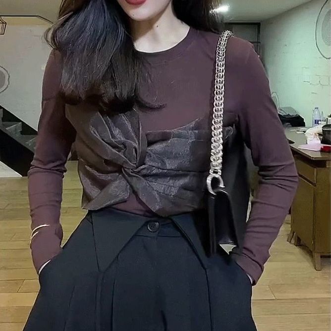 Áo thun tay dài phối lưới đính nơ thời trang dành cho nữ