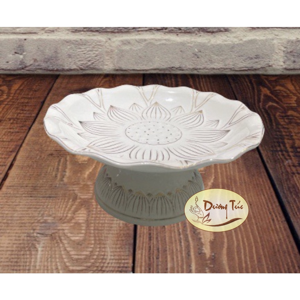 Đĩa Trái Cây Bằng Sứ Cao Cấp - Bạch Ngọc Hoa Sen  Nổi Loại 1 - Thờ Cúng