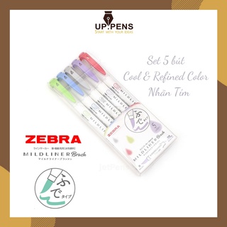 Set 5 bút brush viết calligraphy Zebra Mildliner Double-Sided Highlighter Brush - 5 Cool & Refined Color Set (Nhãn tím)