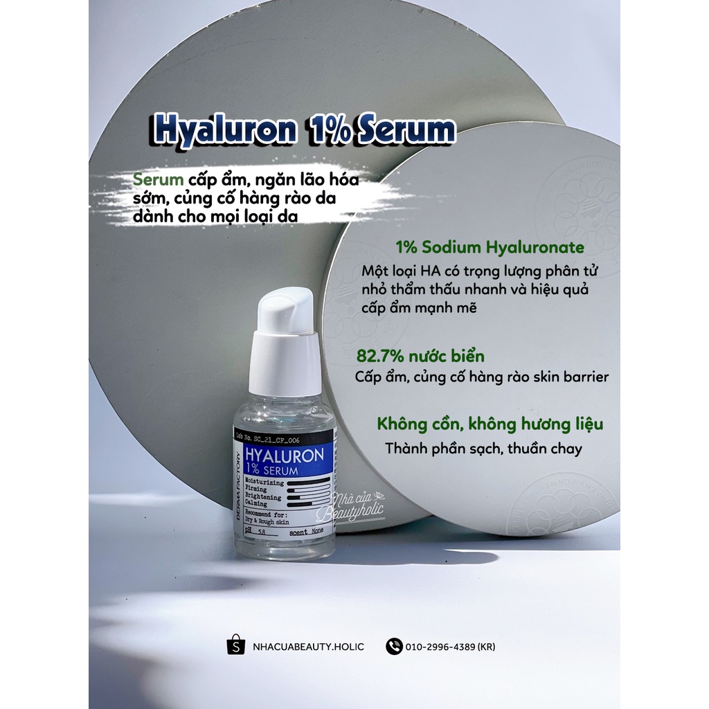 Tinh chất dưỡng ẩm căng bóng DERMA FACTORY HYALURON 1% SERUM 30ml