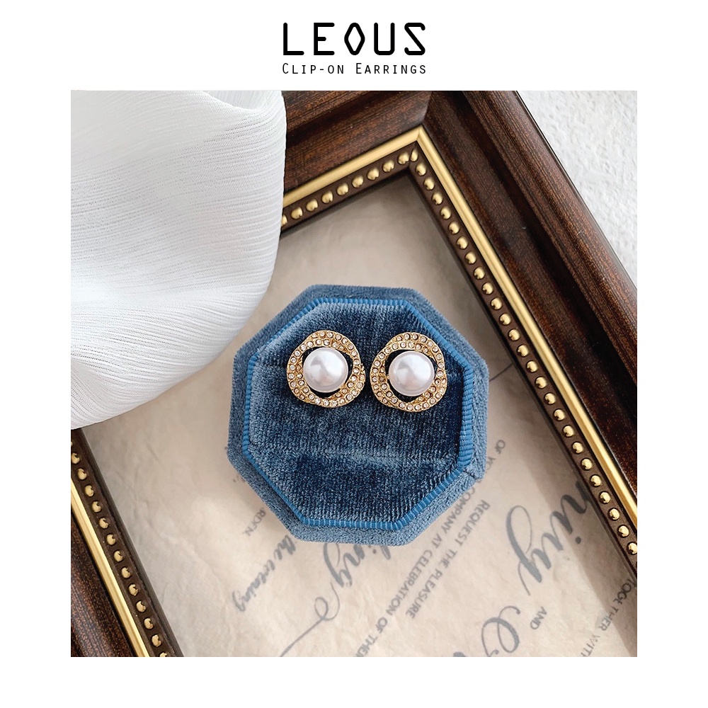 Khuyên tai kẹp không bấm lỗ chốt cố định K048 bằng hợp kim mạ vàng hình tròn đính đá kết hợp hạt trai dáng ngắn Leous