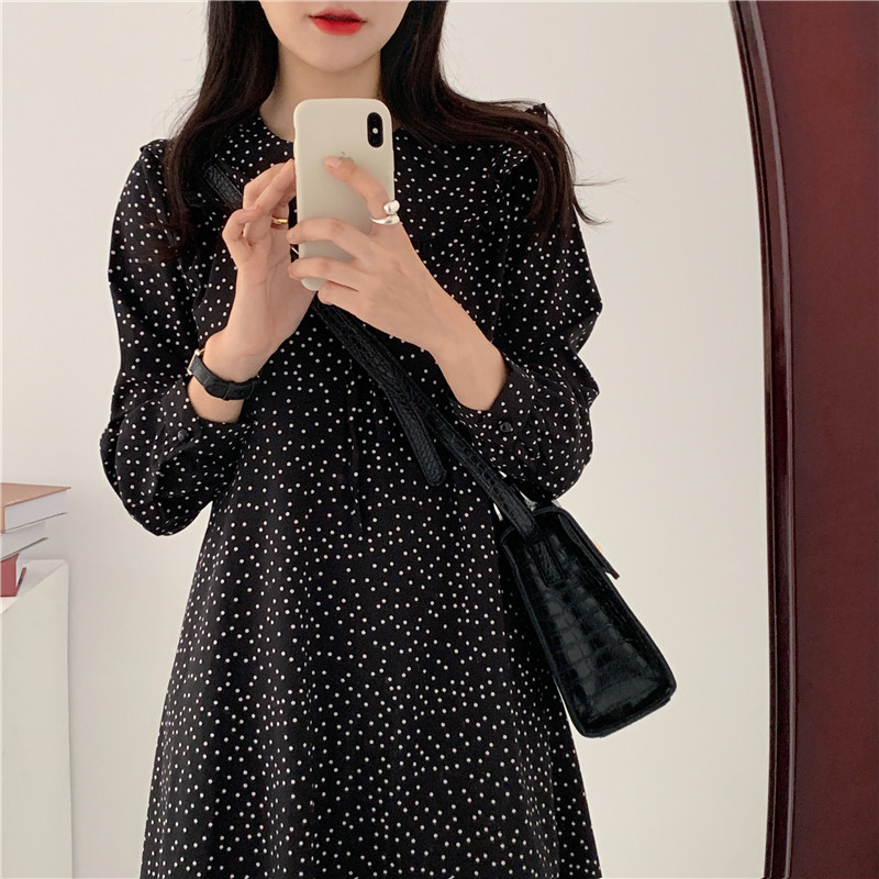 SUXI NEW Đầm Midi Dài Tay Họa Tiết Chấm Bi Xinh Xắn Dành Cho Nữ