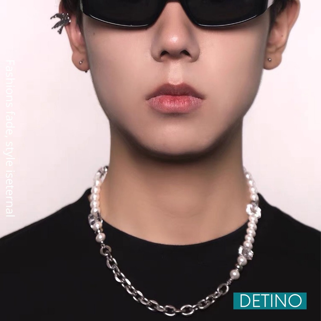 Vòng cổ ngọc trai nhân tạo nam dây chuyền titan hình viên đá unisex hiphop DETINO DC01
