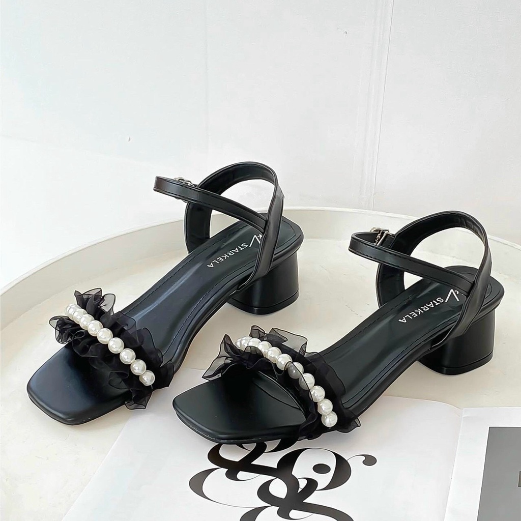 Dép sandal nữ quai hạt ngọc bánh bèo gót 4cm thời trang