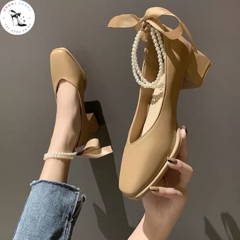 Giày búp bê mũi vuông quai ngọc mix dây thắt nơ phong cách tiểu thư thời trang