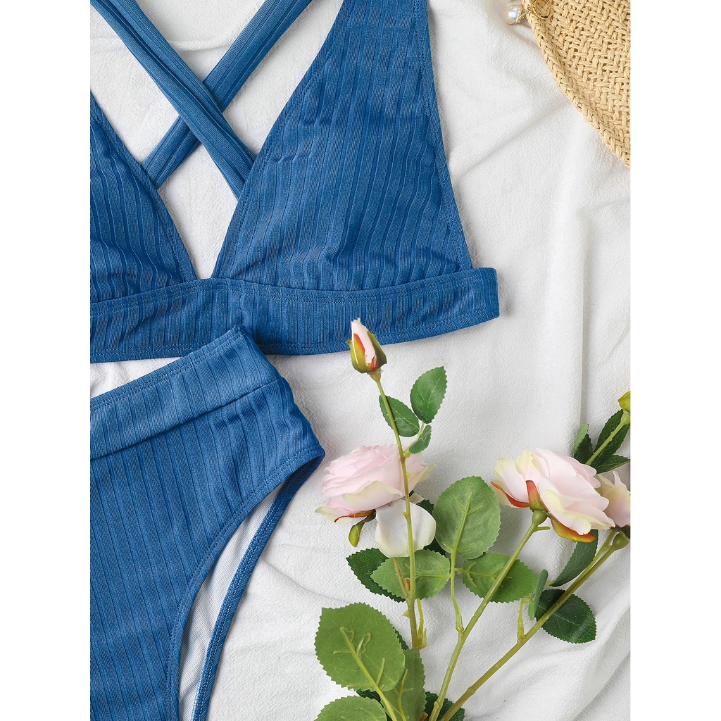 Set đồ bơi bikini 2 mảnh lưng cao thắt dây chéo sau lưng phong cách gợi cảm cho nữ