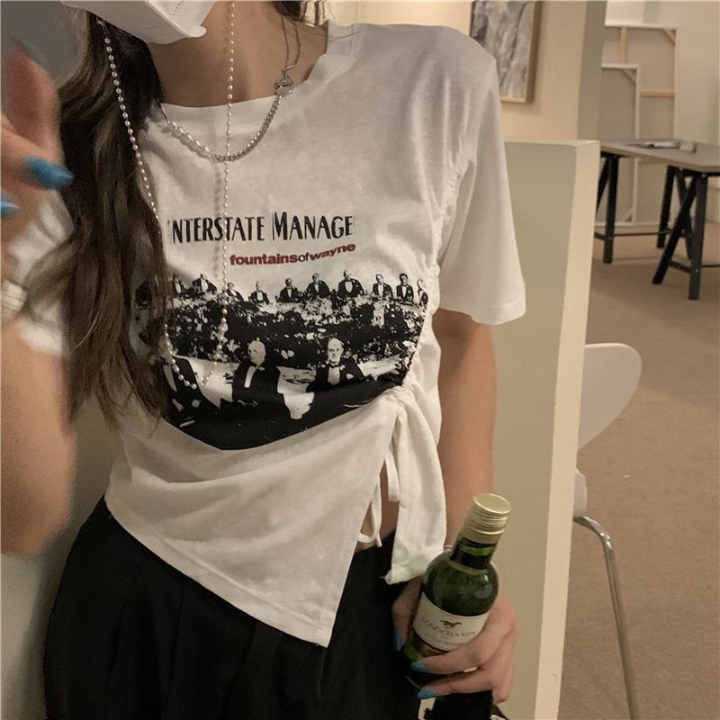 Áo thun dáng ngắn xẻ tà phối dây rút thời trang mùa hè dành cho nữ