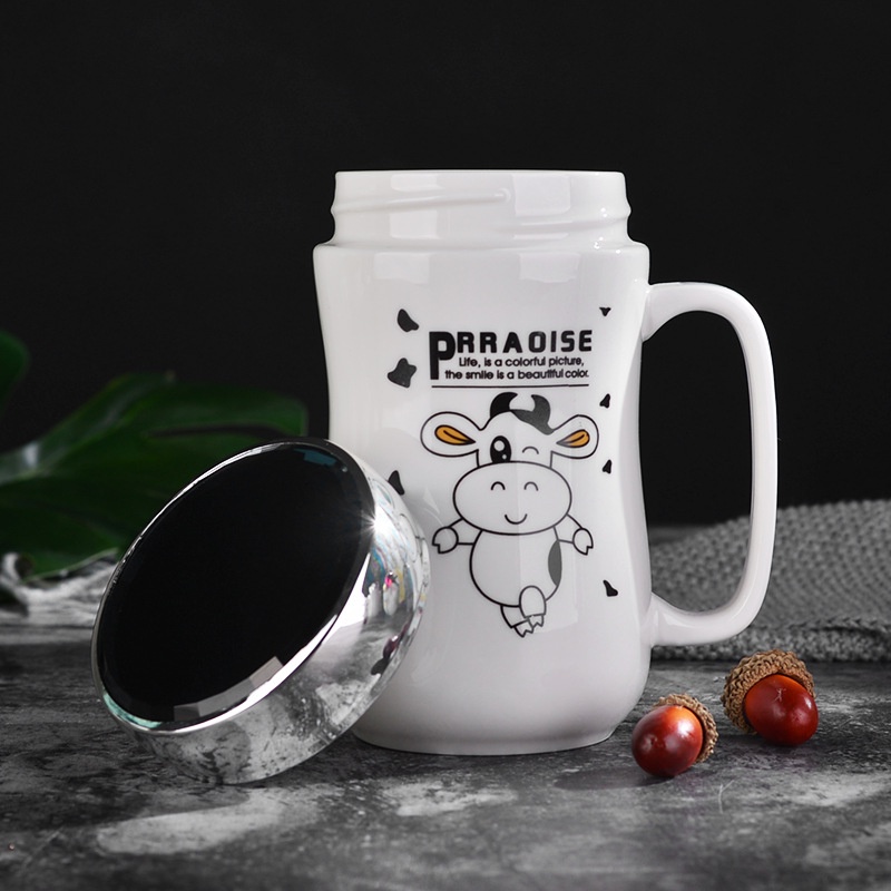 Ly sứ giữ nhiệt có nắp đậy tráng gương 400ml- ly sứ siêu cute hột me