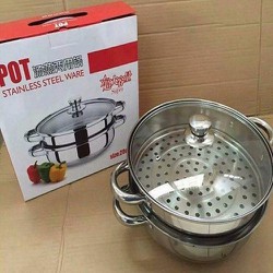 Nồi Hấp 2 Tầng Vung Kính Chất Liệu Inox Size 28cm Có Xửng Hấp, Ăn Lẩu Thích Hợp Dùng Bếp Từ, Bếp Ga, Hồng Ngoại Đa Năng
