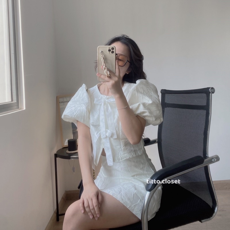 Set Áo + Chân Váy Phối Nơ - Titto Closet