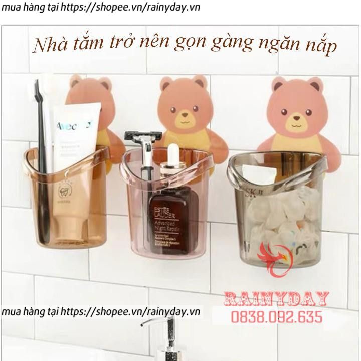 Cốc để đựng bàn chải và kem đánh răng, kệ giá treo đồ dán gắn tường cute dễ thương hình gấu